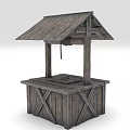 Rustic Wooden Garden Well Decor With Sloped Roof Crossed Planks And Rope Bucket