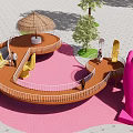 Colorful Children's Play Area With Pink Slide Wooden Canopy And Surrounding Trees