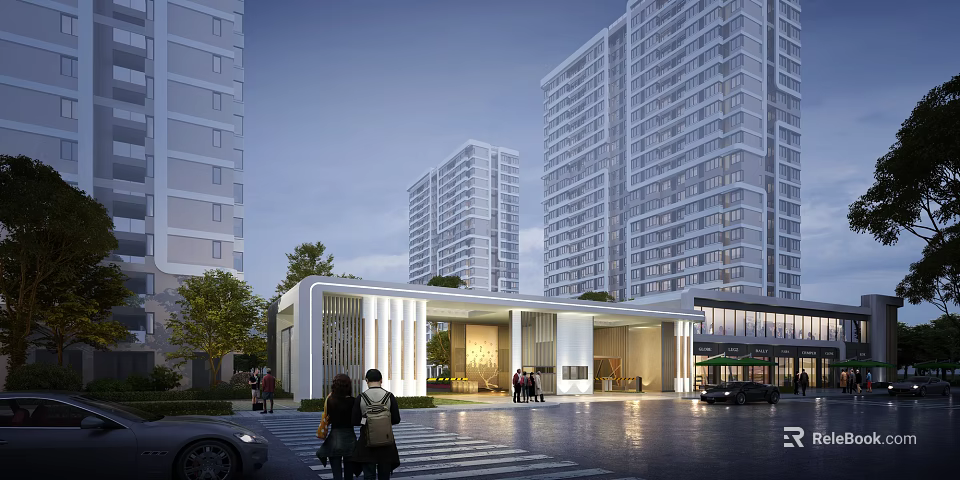 Modern Residential Entrance Gate Design With High-rise Buildings Pedestrians And Greenery 3d model 