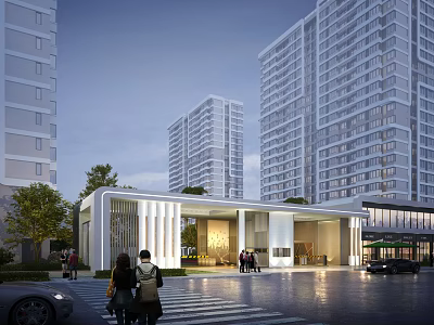 Modern Residential Entrance Gate Design With High-rise Buildings Pedestrians And Greenery 3d model