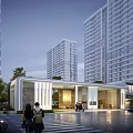 Modern Residential Entrance Gate Design With High-rise Buildings Pedestrians And Greenery