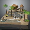 Miniature Tropical Scene Model With Thatched Huts Palm Trees And Off Road Vehicle