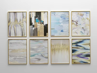Abstract Paintings In Golden Frames With Beige Blue Gold Gray Modern Minimalist Style 3d model