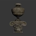Round Stone Vase On Intricate Carved Base With Scroll Floral Patterns 3d model