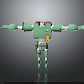 Green Robot Character With Red Head White Face Extended Arms Square Body