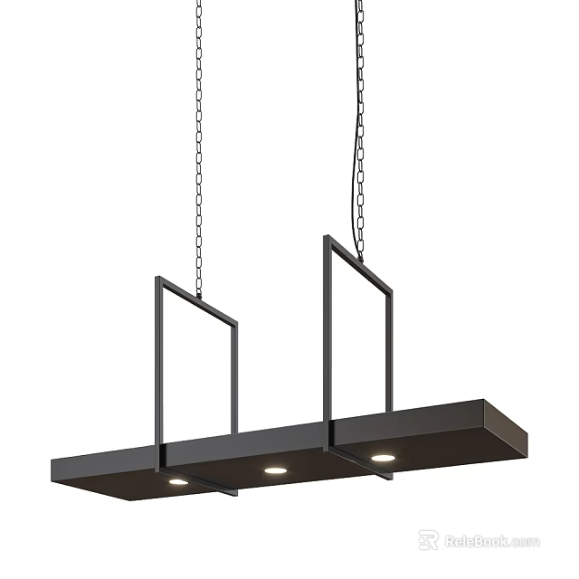 Modern Minimalist Black Metal Linear Pendant Light With Three Bulbs And Chain Hanging Design 3d model 