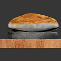 Three Crispy Golden Fried Dumplings on Stone Slab in Wooden Tray