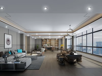 Modern Office Interior With Open Layout Sofa Floor to Ceiling Windows and Billiard Table 3d model