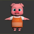 Cute Pink Cartoon Pig Wearing White Shirt And Orange Apron Standing On Dark Background