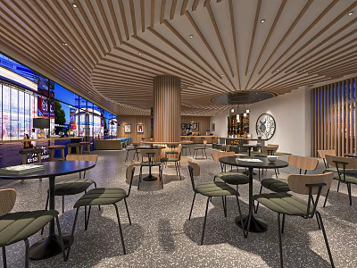 Modern Open Café Interior With Wooden Ceiling Large Windows And Marble Floor 3d model