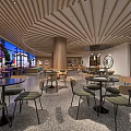 Modern Open Café Interior With Wooden Ceiling Large Windows And Marble Floor