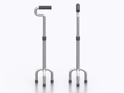 Medical Crutches with Silver Body Black Handles Four Legged Structure and Non Slip Pads 3d model