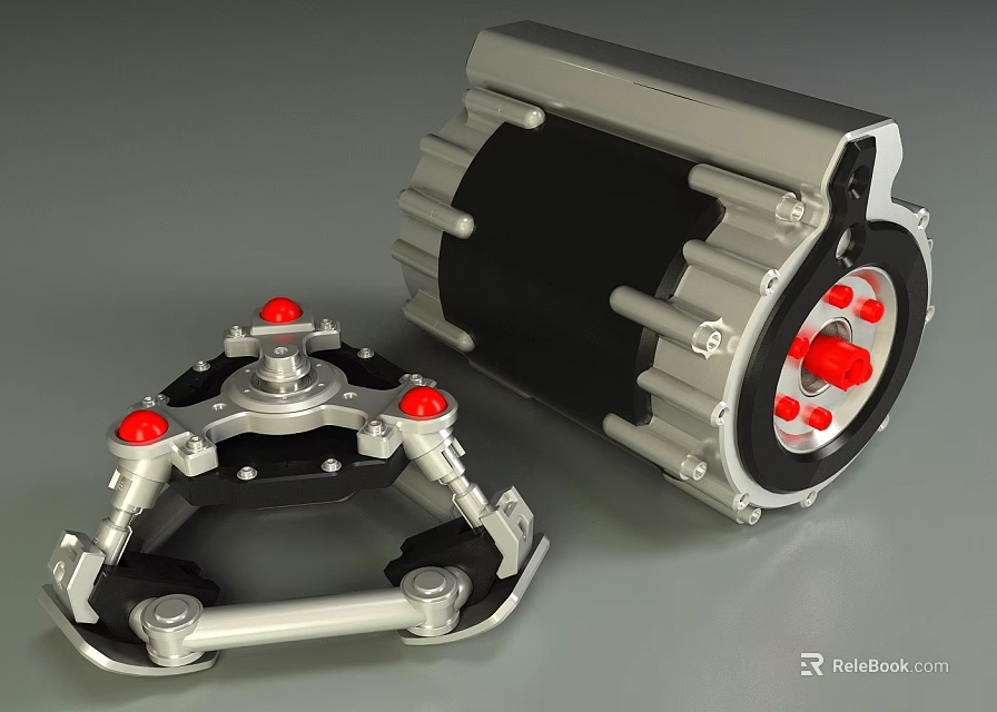 Silver Cased Electric Motor And Black Mechanical Component With Red Buttons 3d model 