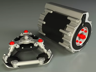 Silver Cased Electric Motor And Black Mechanical Component With Red Buttons 3d model