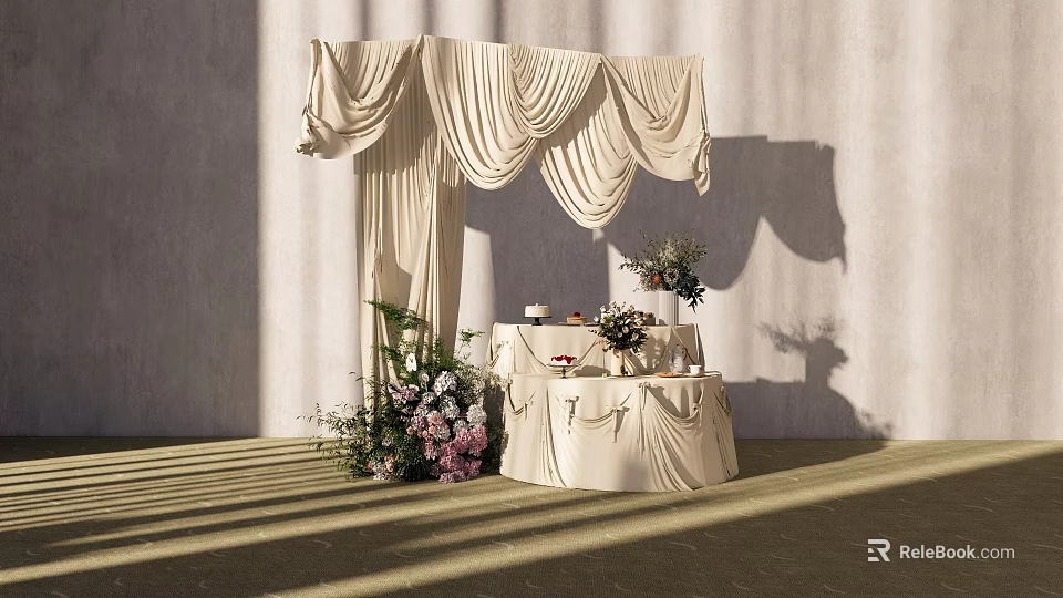 Elegant Floral Display with Beige Drapery Canopy and Pink White Flower Arrangements on Decorative Table 3d model 
