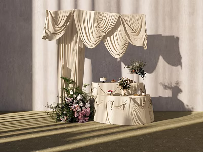 Elegant Floral Display with Beige Drapery Canopy and Pink White Flower Arrangements on Decorative Table 3d model