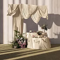 Elegant Floral Display with Beige Drapery Canopy and Pink White Flower Arrangements on Decorative Table