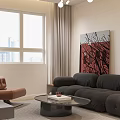 Modern Living Dining Room Interior With Open Concept Black Sofa Chandelier And White Walls