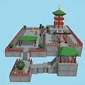 Cartoon Chinese Tower Scene With Green Roofs Red Decorations Stone Pavilions And Steps