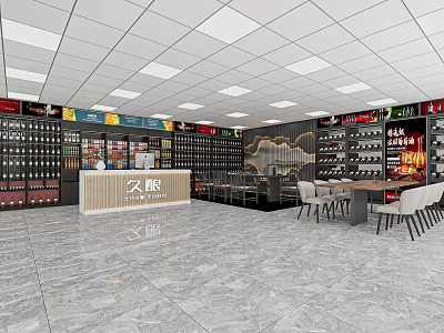 Spacious Tobacco and Liquor Store Interior With Shelves Alcohol Products And Seating Area 3d model