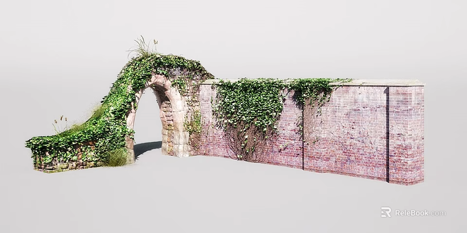 Natural Rustic Garden Landscape With Ivy Covered Reddish Brown Brick Wall And Arched Doorway 3d model 