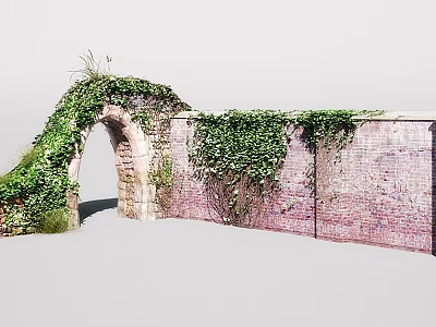 Natural Rustic Garden Landscape With Ivy Covered Reddish Brown Brick Wall And Arched Doorway 3d model