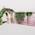 Natural Rustic Garden Landscape With Ivy Covered Reddish Brown Brick Wall And Arched Doorway