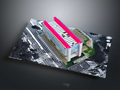 Modern Commercial Building With Red Roof And Glass Facade In Urban Planning Area 3d model
