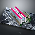 Modern Commercial Building With Red Roof And Glass Facade In Urban Planning Area