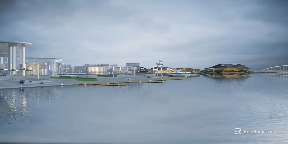 Modern Waterfront Architecture With Contemporary Buildings And Scenic Water View 3d model 