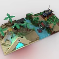 Lego Building Blocks Scene With Jungle Pyramid Vehicles River And Palm Trees