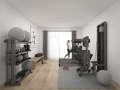 Modern Indoor Fitness Gym With Treadmill Exercise Balls Dumbbells And Storage Shelves 3d model