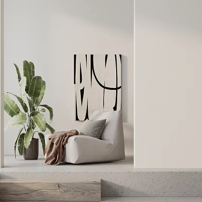 Minimalist Single Seater Sofa With Potted Plant Throw Blanket Accent Pillow And Abstract Painting 3d model