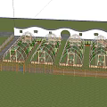 Serene Garden Landscape with Transparent Arched Greenhouses Wooden Frames Planter Boxes and Colorful Flowers