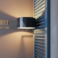 Modern Black Wall Lamp Mounted On Beige Wall With Blue Shutters Providing Soft Lighting