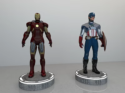 Iron Man And Captain America Action Figures With Detailed Armor Shield On Display Base 3d model