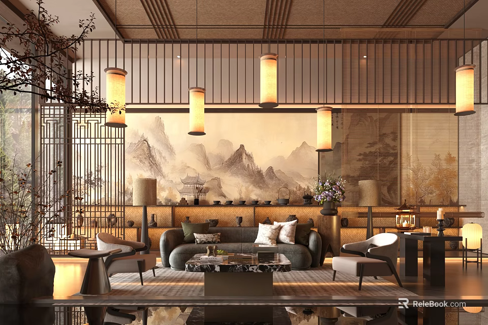 Modern Chinese Style Sales Office Interior With Mountain Landscape Painting And Pendant Lights 3d model 