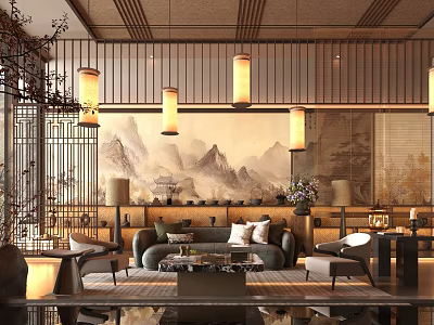 Modern Chinese Style Sales Office Interior With Mountain Landscape Painting And Pendant Lights 3d model