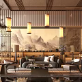 Modern Chinese Style Sales Office Interior With Mountain Landscape Painting And Pendant Lights