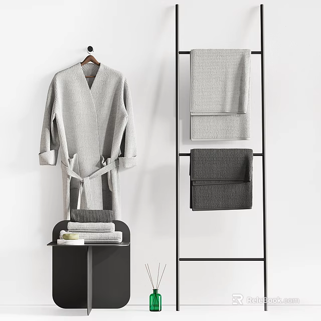 Bathroom Accessories Featuring Grey Bathrobe On Wooden Hanger And Textured Towels On Black Metal Rack 3d model 