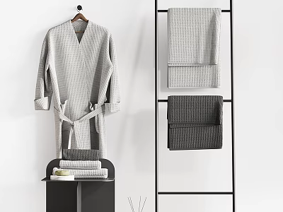 Bathroom Accessories Featuring Grey Bathrobe On Wooden Hanger And Textured Towels On Black Metal Rack 3d model