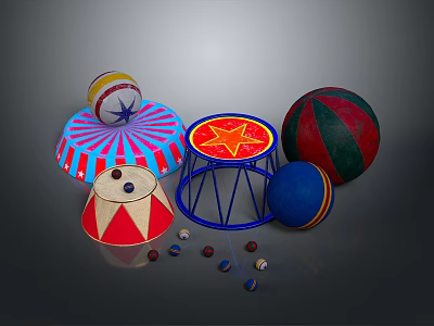 Colorful Circus Props Display With Striped Balls Star Drums And Round Platforms 3d model