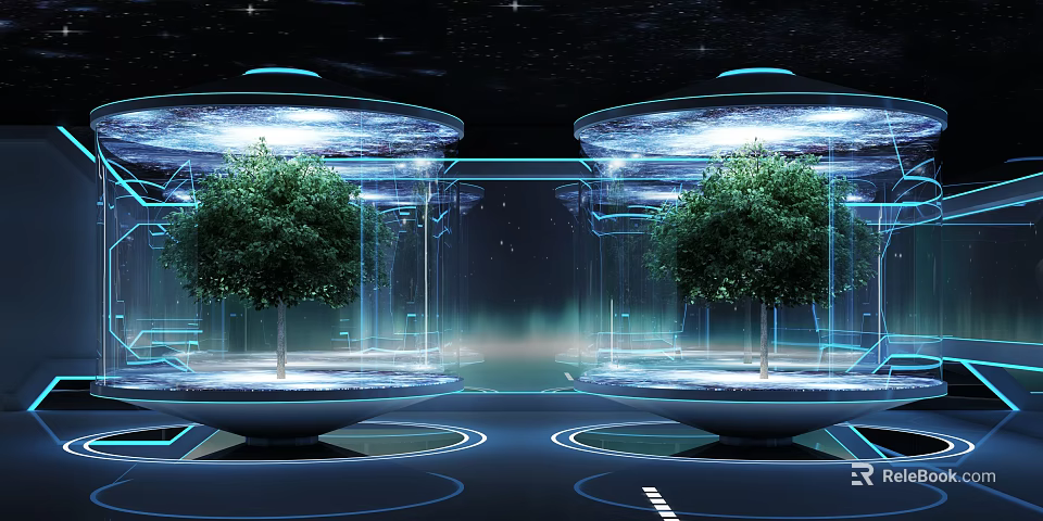 Futuristic Tech Environment With Two Trees In Transparent Cylindrical Structures And Illuminated Circular Designs 3d model