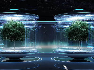 Futuristic Tech Environment With Two Trees In Transparent Cylindrical Structures And Illuminated Circular Designs 3d model