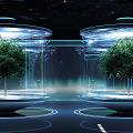 Futuristic Tech Environment With Two Trees In Transparent Cylindrical Structures And Illuminated Circular Designs 3d model