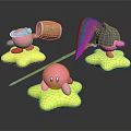 Pink Cartoon Characters On Yellow Star Bases With Wooden Barrel And Umbrella