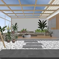Courtyard Garden Design With Glass Roof Large Windows Wooden Floor Stone Path And Lanterns