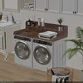 Organized Laundry Room Setup With Dual Washing Machines Wooden Countertop And Green Plants
