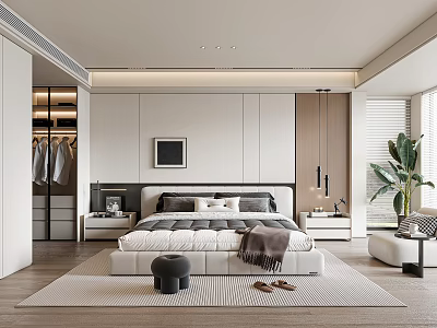 Modern Bedroom Interior Design With Platform Bed Built In Wardrobe And Area Rug 3d model