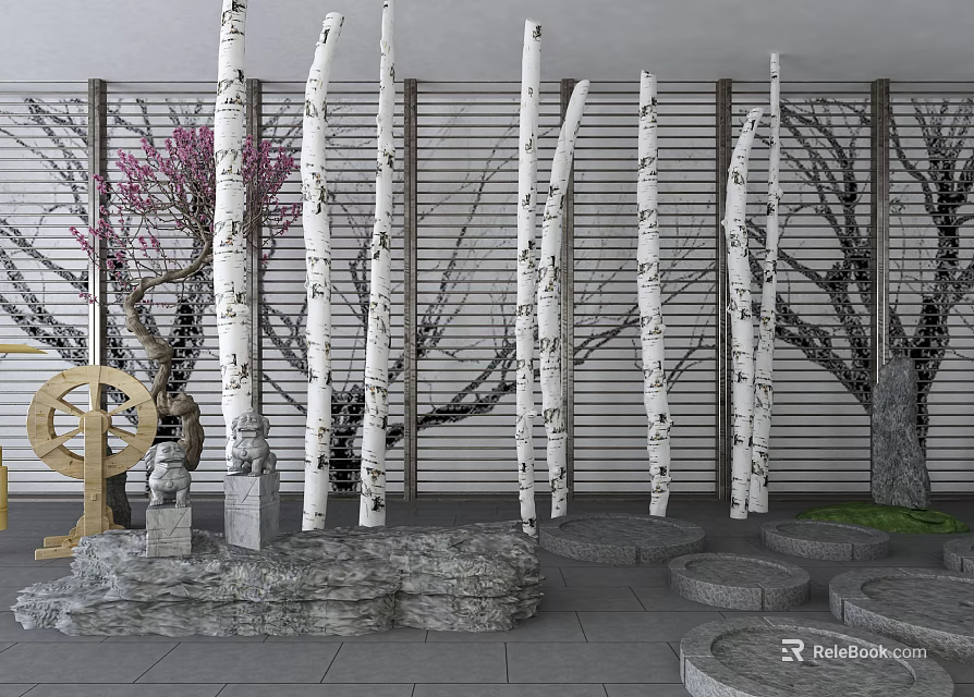 Garden Ornament Featuring White Tree Trunks Stone Benches Flowering Tree Lattice And Circular Stone Path 3d model 